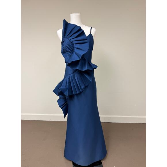 Badgley Mischka Ruffle Accent Sculptural Swirl Maxi Evening Dress Blue Size 12 - Picture 4 of 7